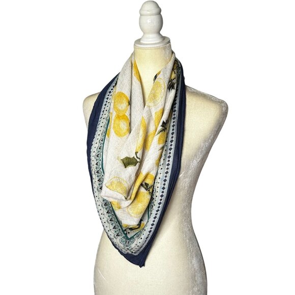 Lemon Large Square Scarf Blue Green Border 39" x 39" Cottagecore - Picture 1 of 4